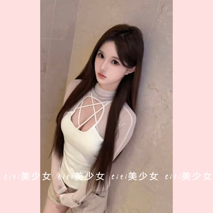 TiTi美少女 显瘦修身 网纱交叉设计感长袖 新款 上衣 T恤女春季