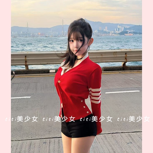 【TiTi美少女】圣诞红长袖针织开衫女春季纯欲收腰打底衫上衣外套