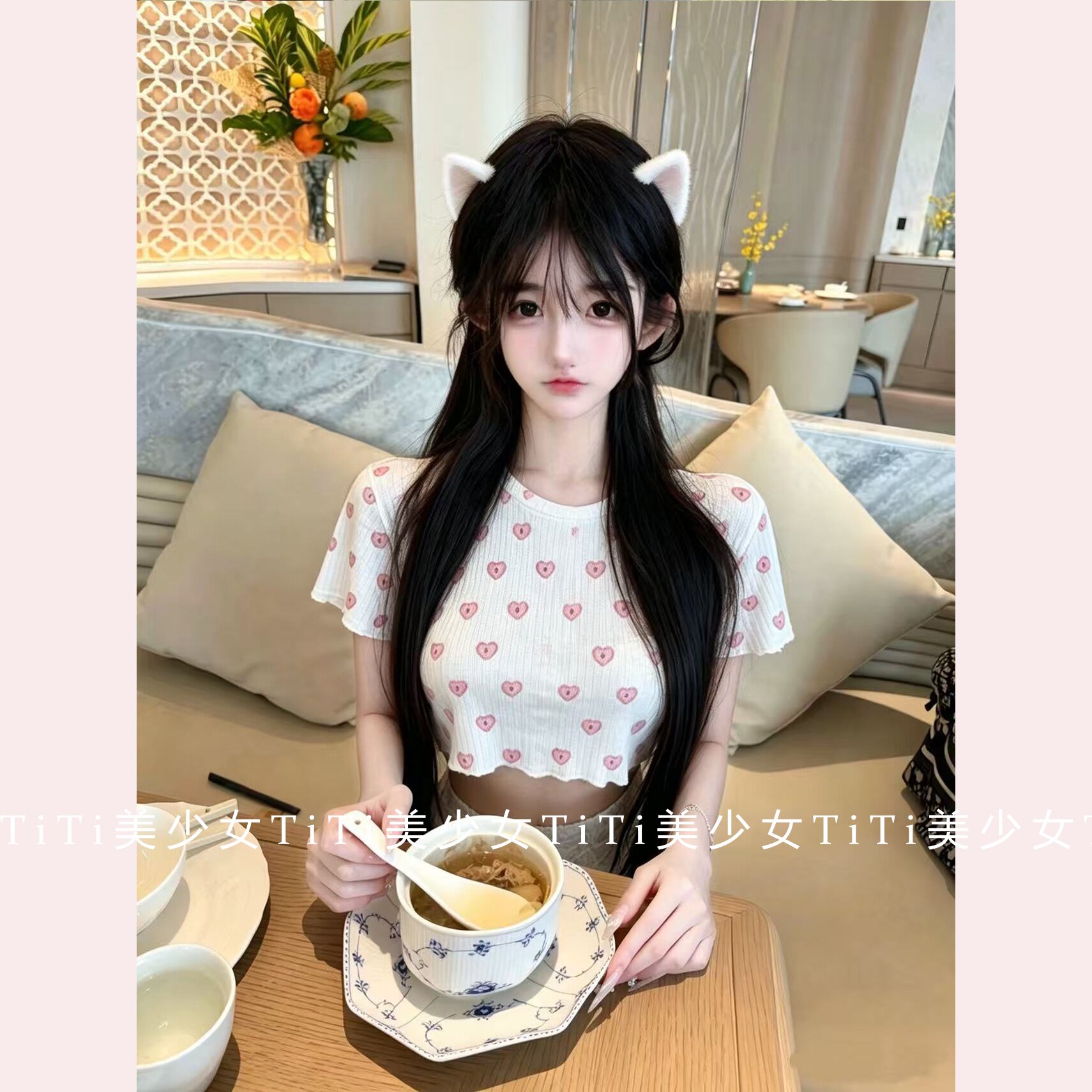【TiTi美少女】纯欲风性感爱心印花短上衣女装设计感辣妹减龄t恤