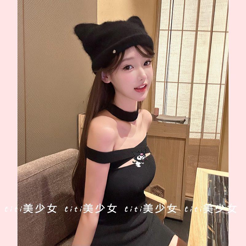 【TiTi美少女】黑色一字肩性感连衣裙辣妹纯欲挂脖针织包臀短裙子