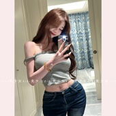 显瘦收腰T恤 纯欲风一字肩露肚脐上衣灰色修身 TiTi美少女 韩版