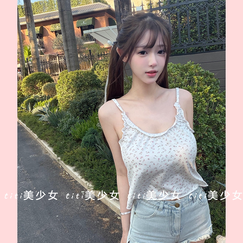 【TiTi美少女】碎花吊带背心性感内搭辣妹修身显瘦短款露脐上衣