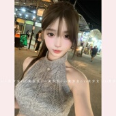 TiTi美少女 纯欲风灰色短款 露脐挂脖无袖 修身 显瘦百搭背心上衣