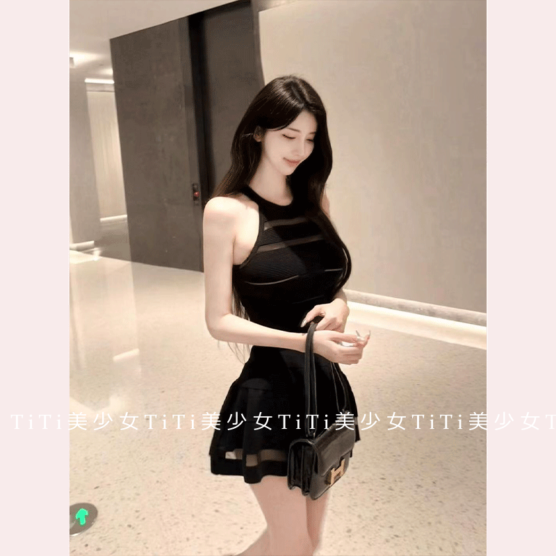 【TiTi美少女】名媛千金感镂空设计感挂脖露肩连衣裙秋冬性感短裙