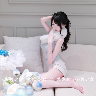 复古奶蓝纹理性感针织挂脖收腰软绒背心吊带上衣 TiTi美少女