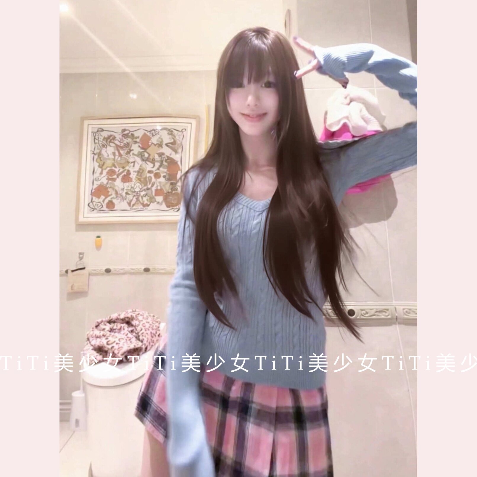 【TiTi美少女】2026秋冬新款纯欲风少女感蓝色V领麻花长袖针织衫