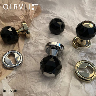 olrvli黄铜黑水晶静音门锁复古美式银色圆球门把手轻奢法式金门锁