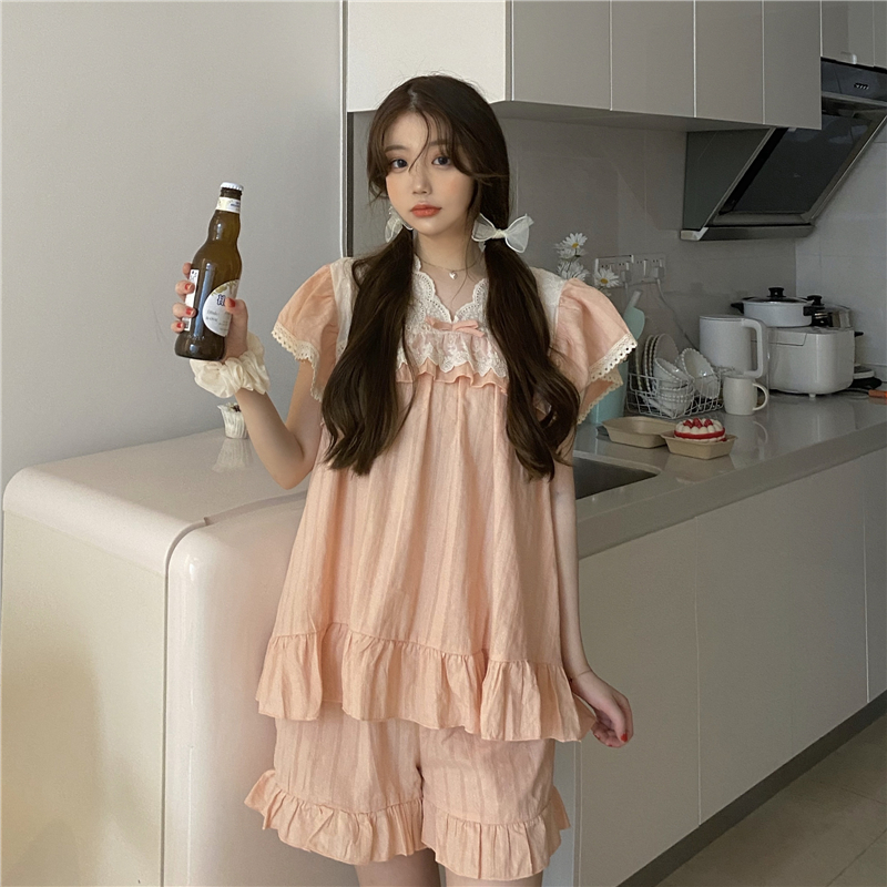 Real price ~ French stitching embroidery bow pajamas loose Ruffle shorts home suit