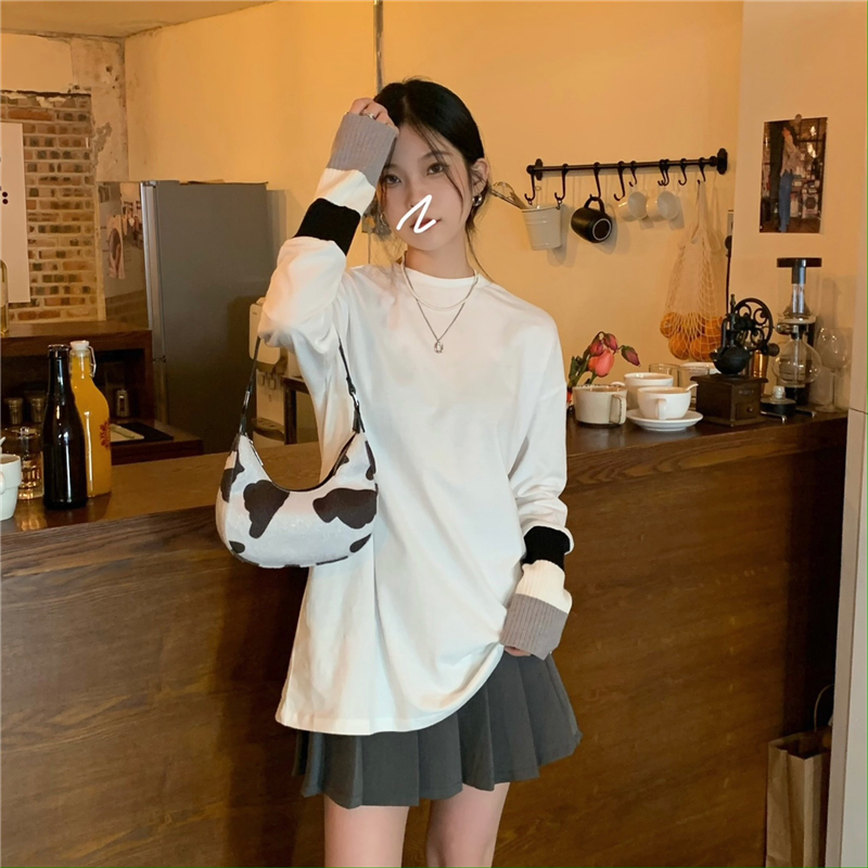 Real price ~ 2021 spring stitching knitted sleeve loose solid base T-shirt