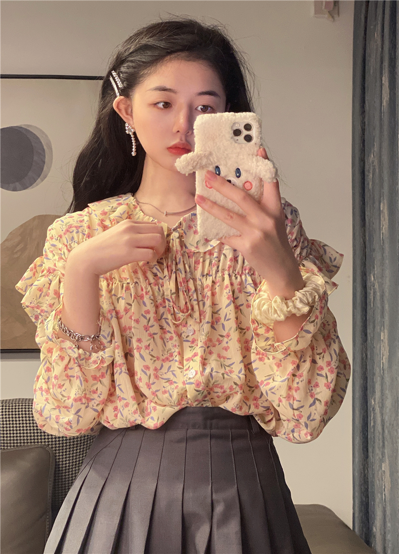 Real price ~ 2021 summer Vintage Floral Shirt women's fashion lace up Ruffle long sleeve top