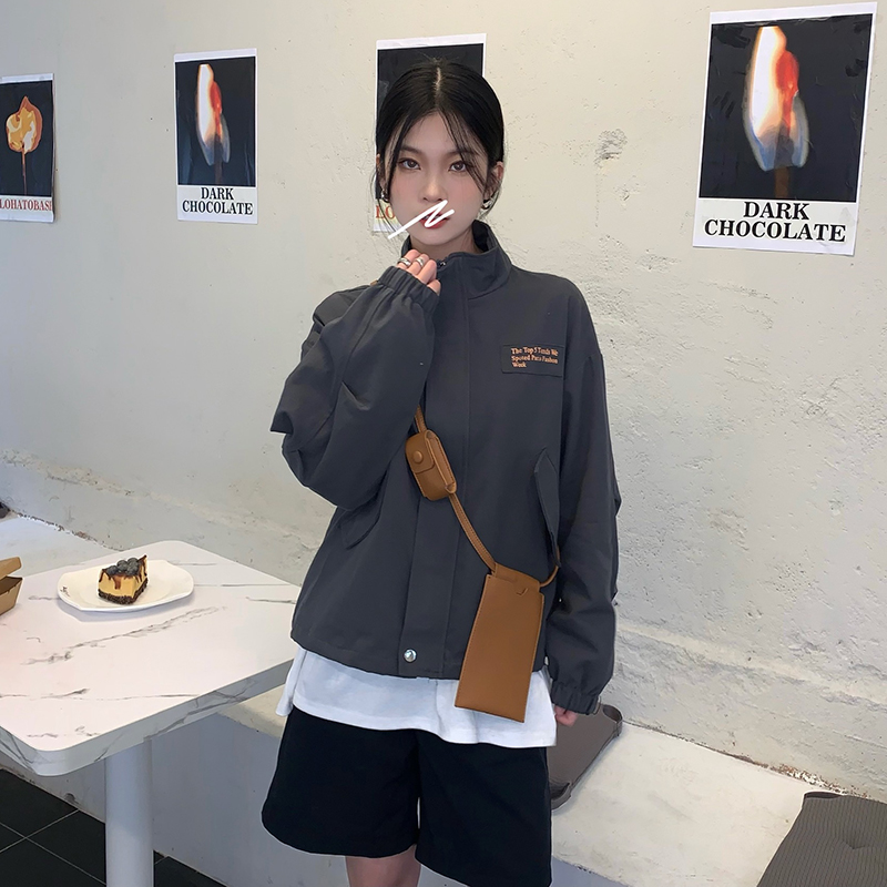 Real shot real price spring Korean loose letter print high collar coat slim jacket cardigan