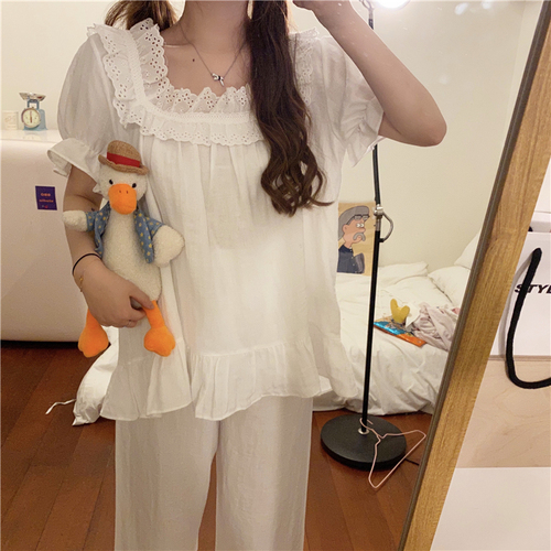 Real photo real price ~ Korean pajamas light pants suit sweet and fresh lace cotton home clothes