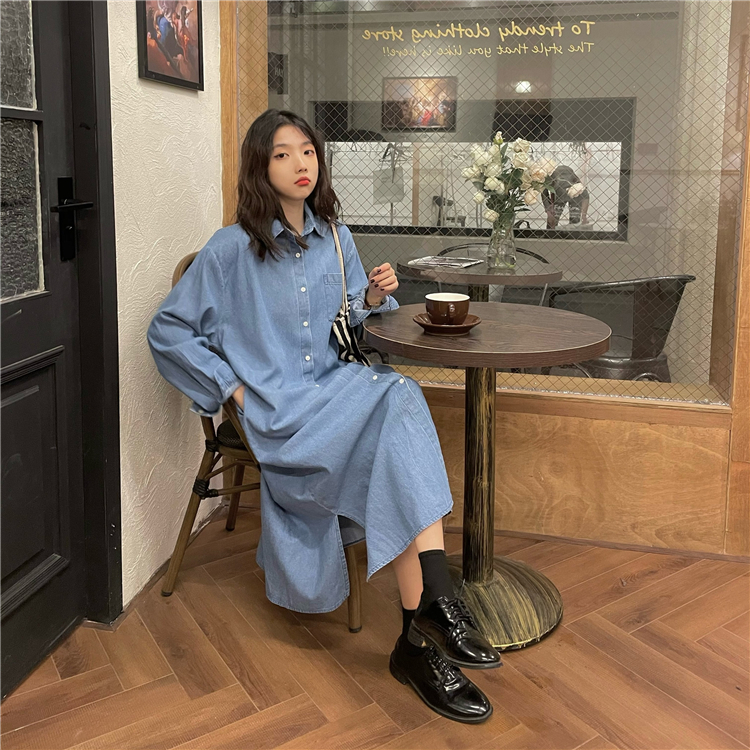Real price ~ Korean denim dress single breasted medium length loose and thin A-line skirt