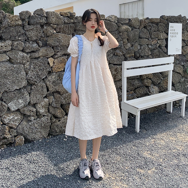 Real price ~ temperament Korean loose and thin dress medium length pleated medium length skirt