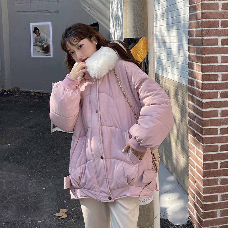 Real price ~ winter ins bowknot split split thin casual wool collar hooded cotton jacket