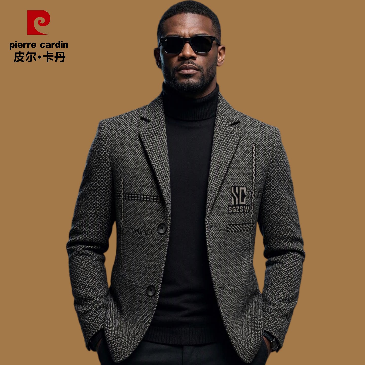 皮尔卡丹西服男士外套秋冬季加绒加厚款商务休闲中年爸爸高档西装