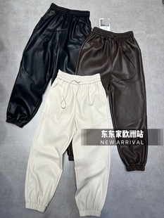 欧洲站冬季加绒松紧腰收口白色皮裤九分卫裤休闲时尚百搭搭皮草潮