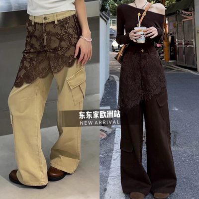 欧洲站2025年冬季抓绒侧口袋蕾丝屁帘直筒工装裙裤咖啡色休闲时髦