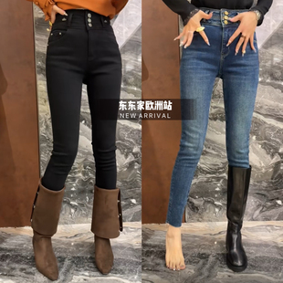 欧洲站2025年冬植绒高腰三粒扣小蛮腰水钻字母高弹小脚牛仔裤靴裤