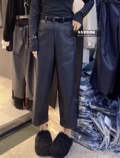 搭皮草女 靴裤 欧洲站2025秋冬加绒立体剪裁微垮休闲九分皮裤 老爹裤