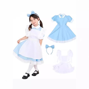 爱丽丝梦游仙境女仆装蓝白色系女童姐妹服生日公主裙荷叶边连衣裙