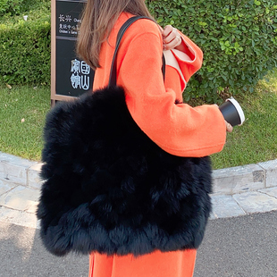 秋冬季 狐狸毛手提包女斜挎大容量拼接毛茸茸皮草包包皮毛一体 新款