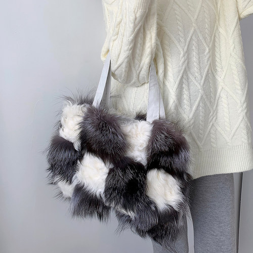 雅罗皮草女包狐狸单肩撞色毛毛