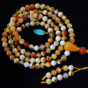 正品 天然俄料精品多宝金白溶洞蜜蜡6mm圆珠108颗念珠文玩珠宝饰品