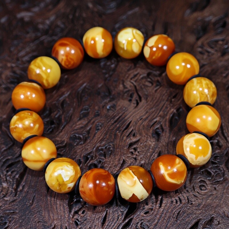 正品天然俄料老蜡橘皮花蜡蜜蜡12mm圆珠手链男款单圈收藏珠宝饰品