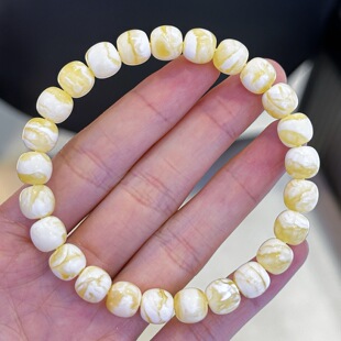 正品 天然俄料精品金瓷白妖花蜜蜡8.3mm老型手链文玩收藏珠宝饰品