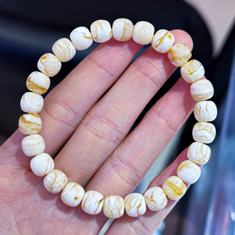 正品天然俄料精品妖花瓷白蜡蜜蜡8mm老型手链女款文玩珠宝饰品