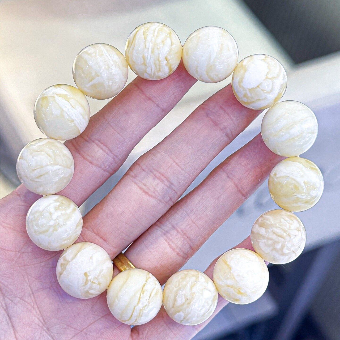 正品天然俄料精品瓷白妖花蜜蜡15mm圆珠男款手串文玩收藏珠宝饰品