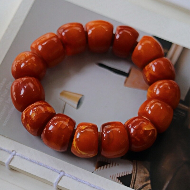 正品天然俄料原矿老蜡红花蜜蜡19mm老型手链男款文玩百搭珠宝饰品