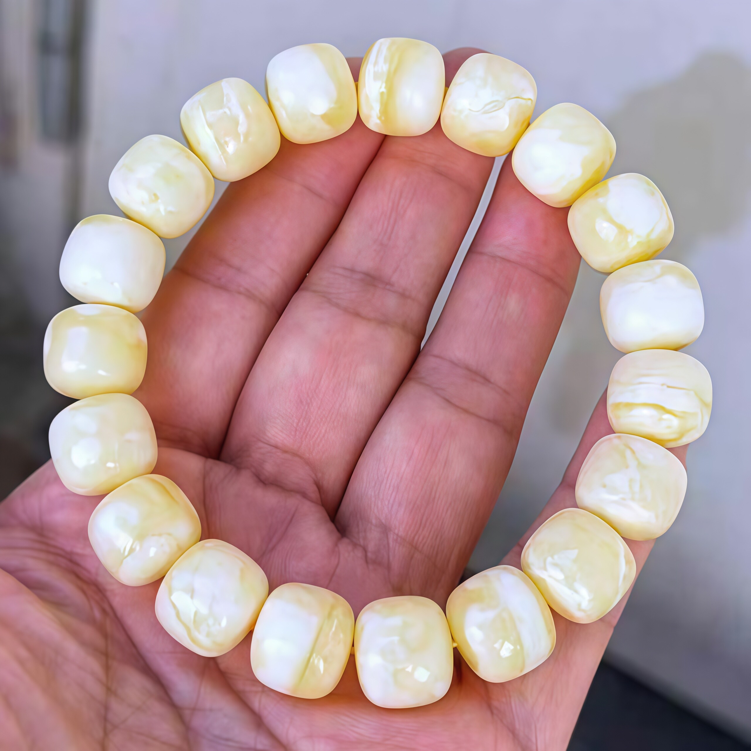 正品天然俄料蜜蜡手串瓷白妖花纹老型珠11mm手链文玩收藏珠宝饰品