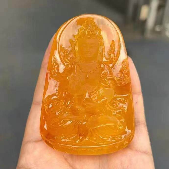正品天然乌料琥珀蜜蜡焦皮料鸡油红 观音 浮雕吊坠收藏珠宝饰品