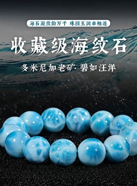 正品天然水晶海纹石手链龟纹拉利玛手串玉化蓝色单圈收藏珠宝饰品