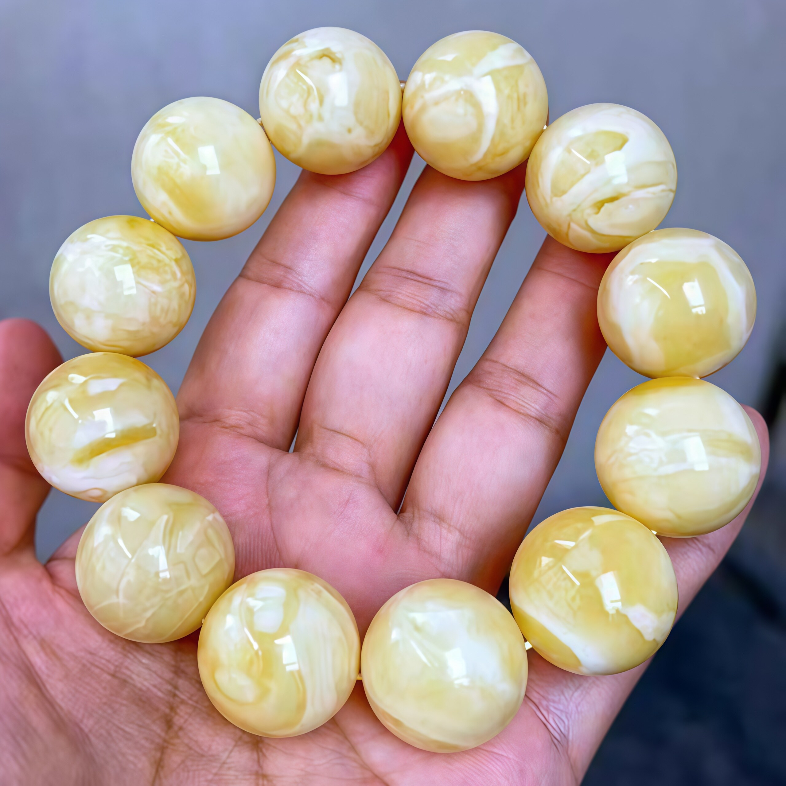 正品天然俄料蜜蜡手串20mm虎皮白花圆珠手链文玩收藏孤品珠宝饰品