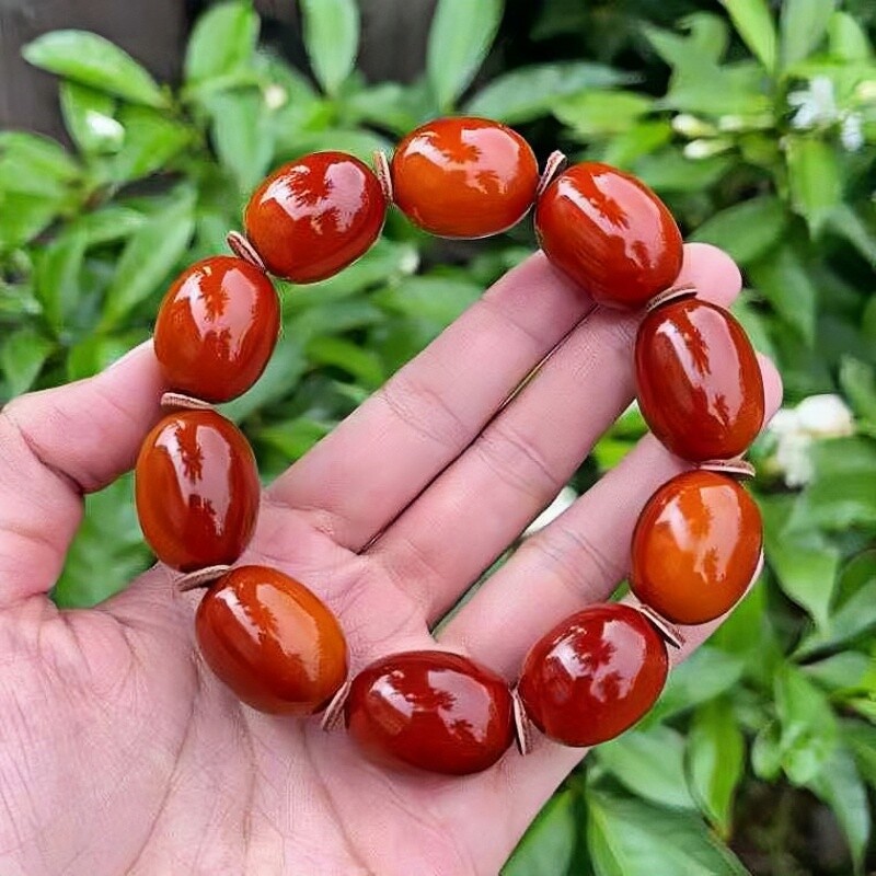 正品天然俄料精品红皮老蜜蜡18mm枣珠手串文玩收藏孤品珠宝饰品