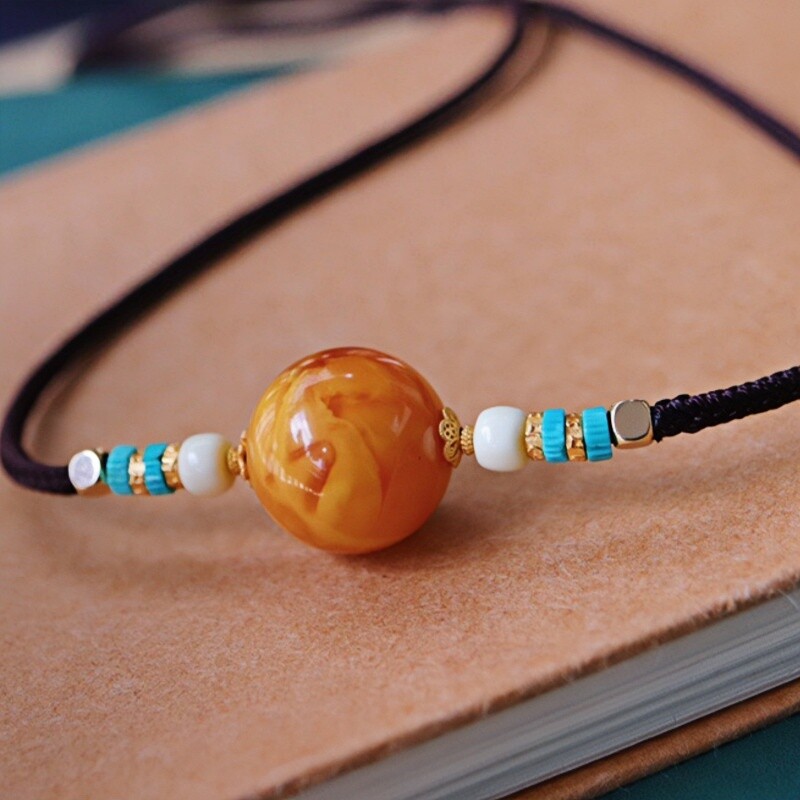 正品天然俄料原矿妖花老蜜蜡20mm圆珠单珠锁骨链文玩配饰珠宝饰品