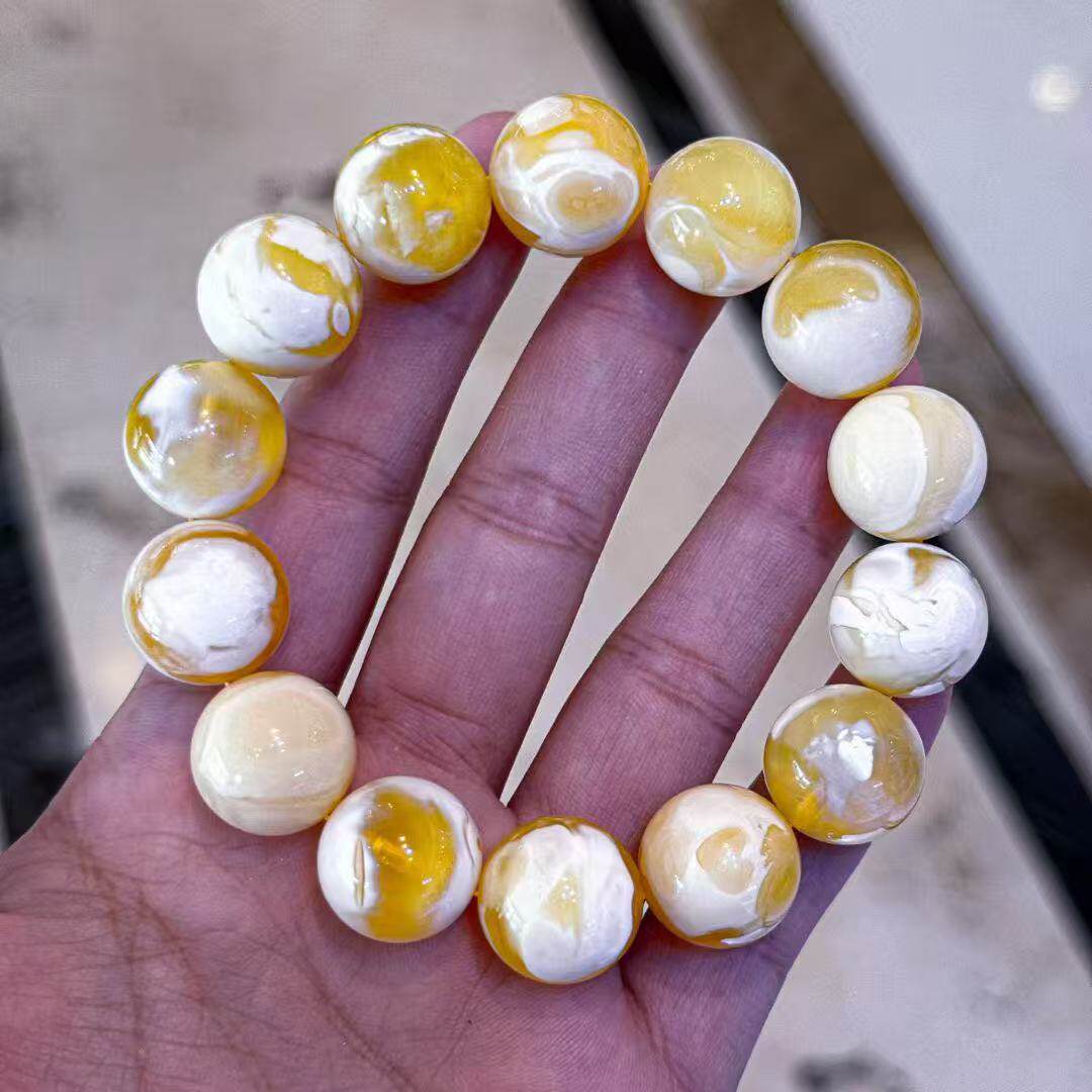 正品天然俄料精品金瓷白蜜蜡15mm圆珠手串男款文玩收藏珠宝饰品