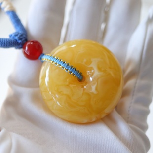 珠宝饰品 文玩时尚 正品 天然俄料精美黄白花蜡蜜蜡平安扣吊坠男女款