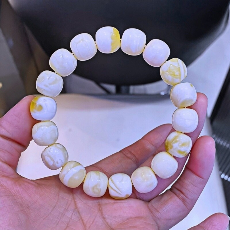 正品天然俄料原矿浓白花蜡蜜蜡13mm高桩老型手链男款文玩珠宝饰品