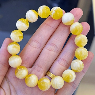 正品 手链文玩收藏珠宝饰品 天然俄料精品俄料金白妖花蜜蜡11mm女款