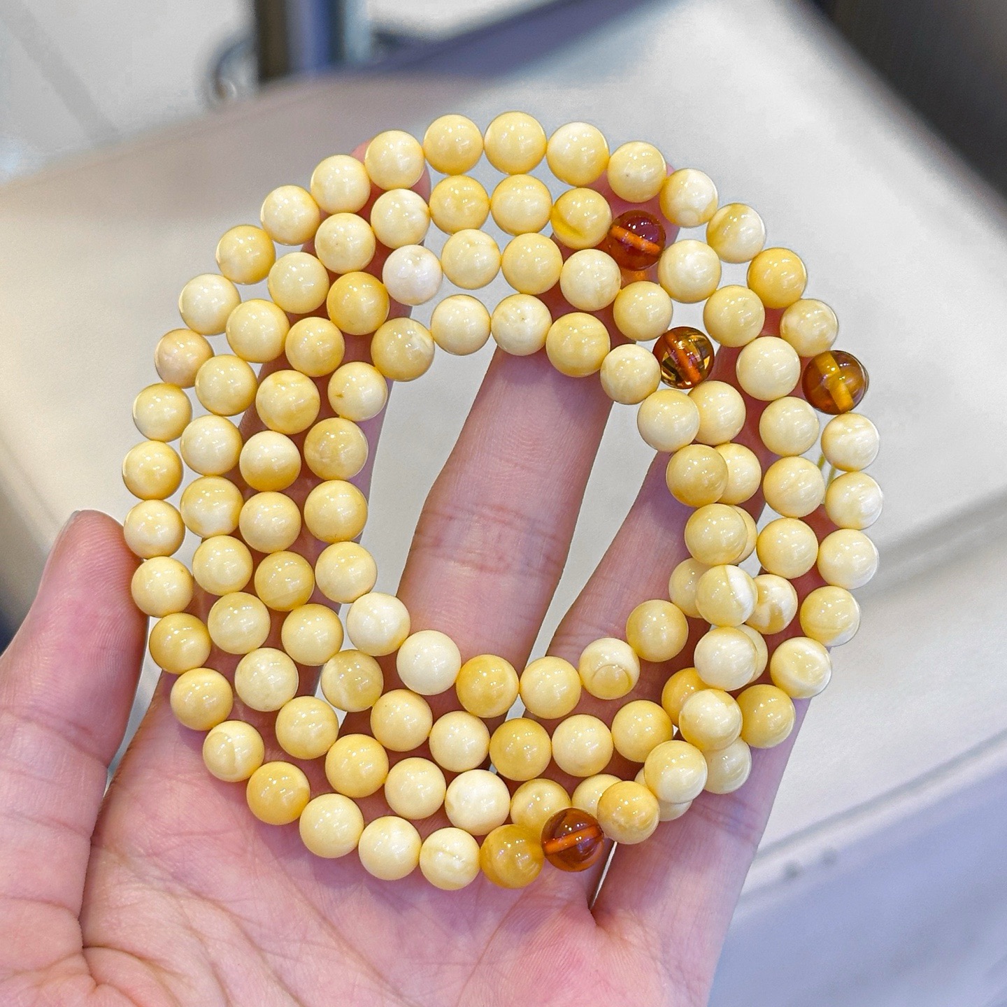 正品天然俄料精美小年份石膏蜡蜜蜡6mm圆珠108念珠文玩珠宝饰品