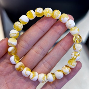 正品天然俄精品金瓷白溶洞妖花蜜蜡8.5mm手链文玩收藏珠宝饰品