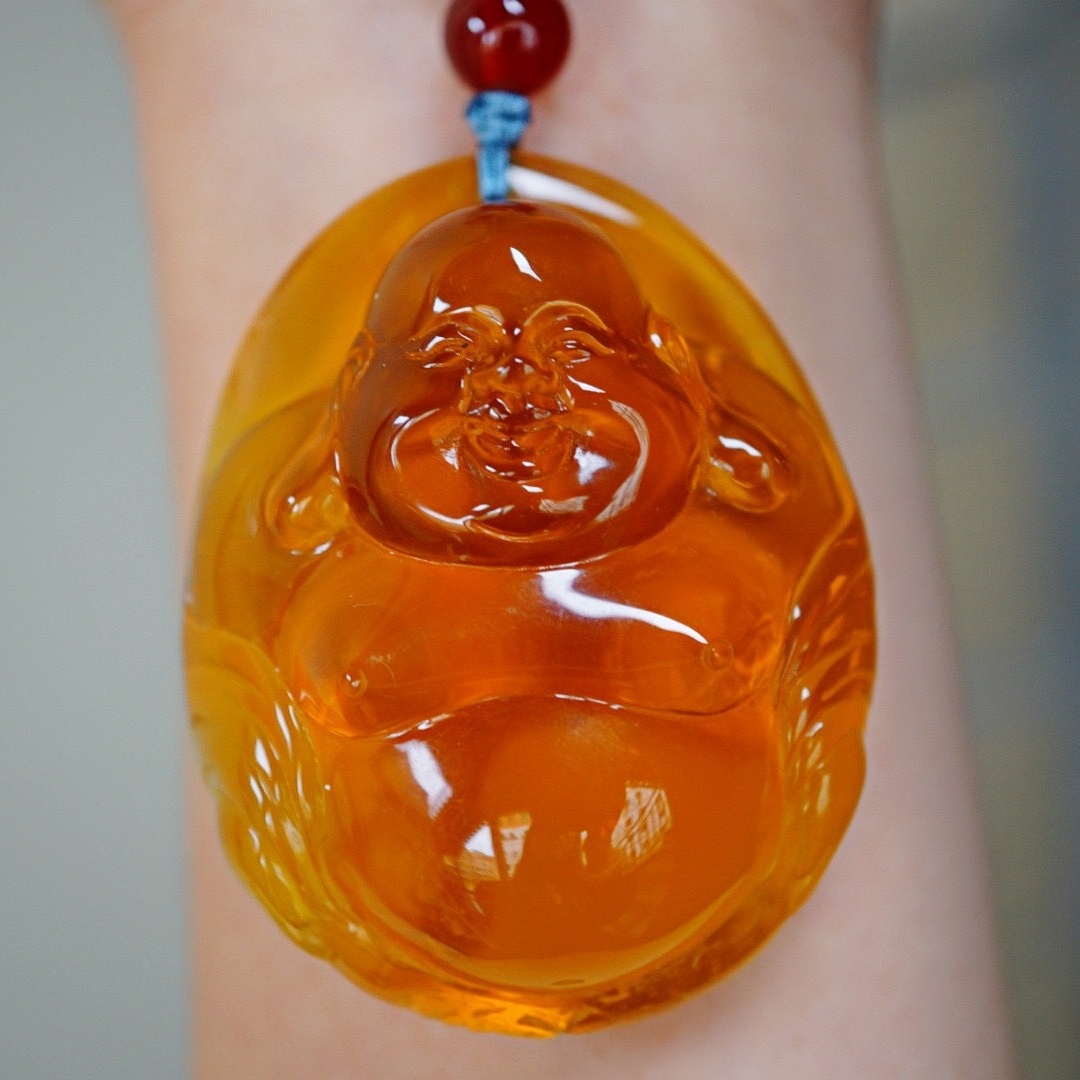 正品天然俄料高品质蜜糖色蜜蜡弥勒佛笑佛浮雕吊坠文玩珠宝饰品