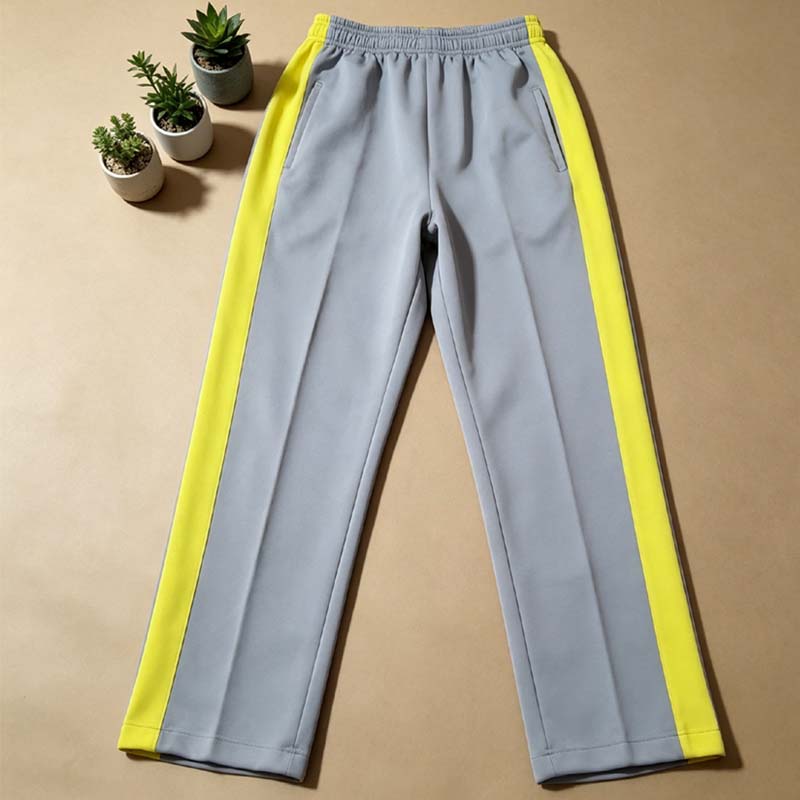 定做校服裤子中小学银灰浅灰色光面春秋季运动裤黄底宽黄边校裤