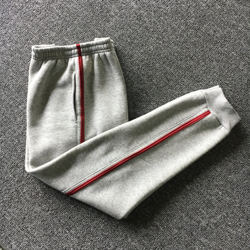 加绒冬款全棉浅灰1杠酒红束口休闲保暖宽松中小学生运动裤校服裤
