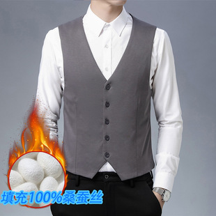 桑蚕丝马甲男士 商务休闲内穿秋冬内胆条纹背心高档小棉袄真丝上衣