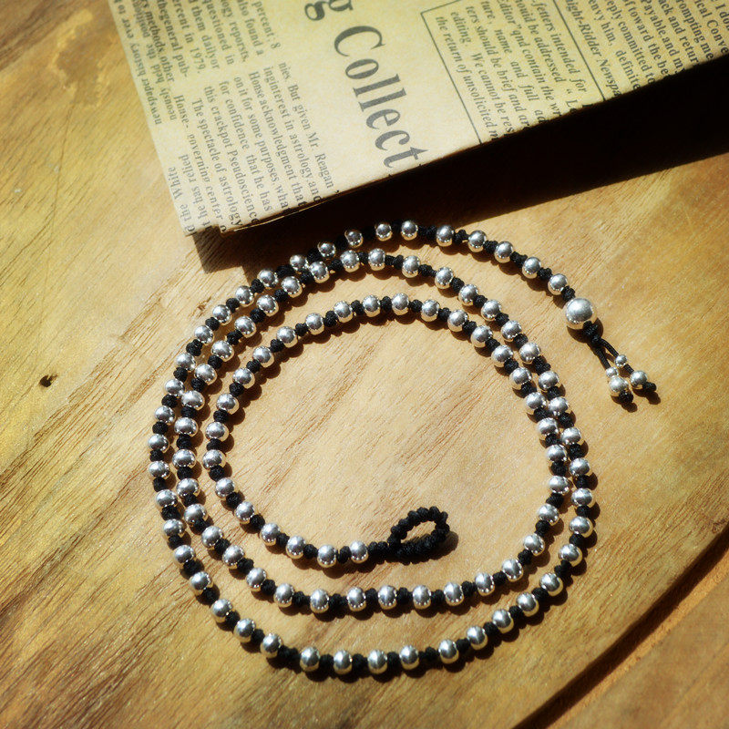 925纯银手工编只4MM圆珠黑绳项链女锁骨链长款毛衣链配饰复古个性